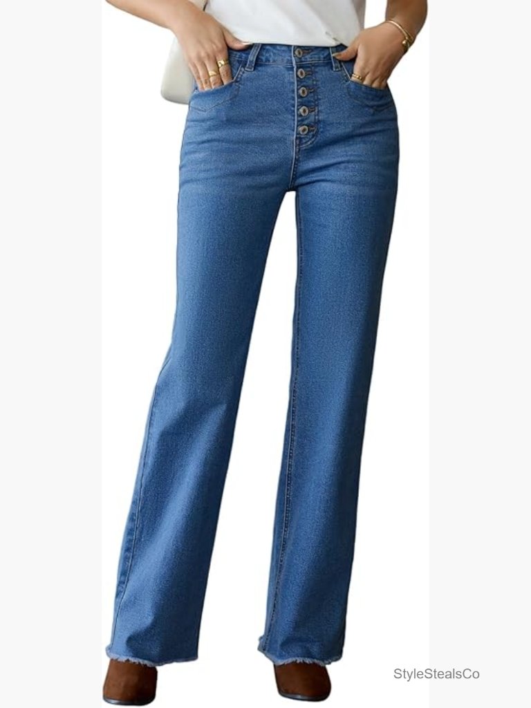 High Waisted Wide Leg Jeans Stretchy Straight Leg Button Fly Raw Hem Denim